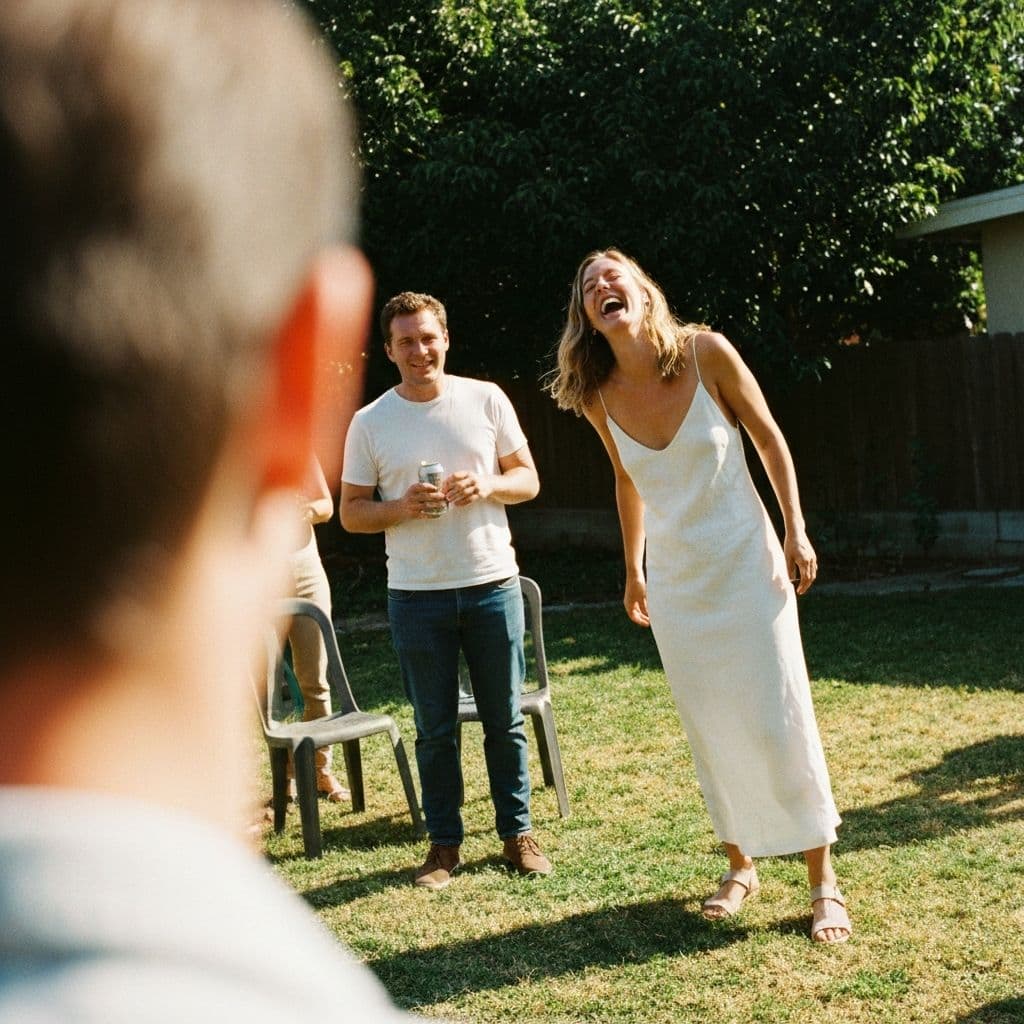 He handed her a beer halfway through the reception. She drank it standing up in the dress.