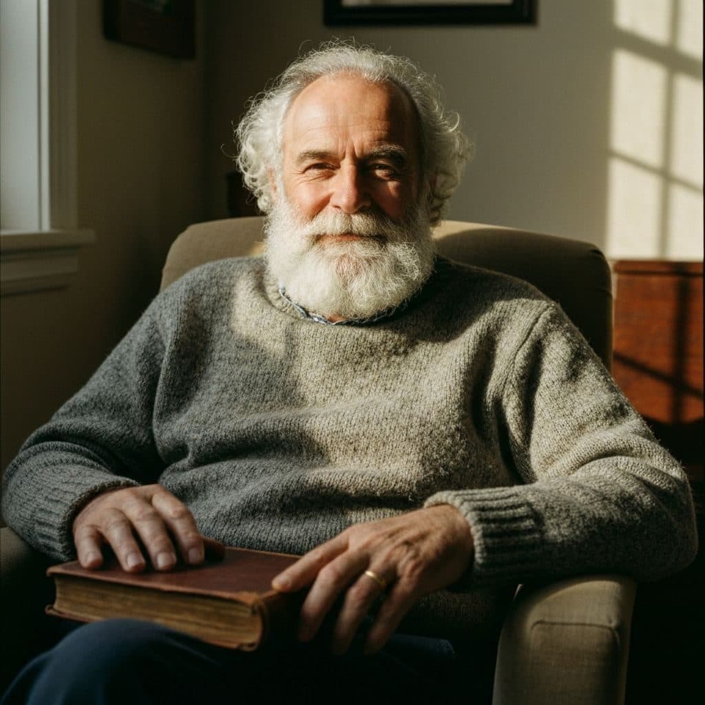 He kept his hand flat on the cover as if it might close on its own. The light through the window came low and February-thin, catching the wool of his sweater before it reached his face. I waited for him to speak first