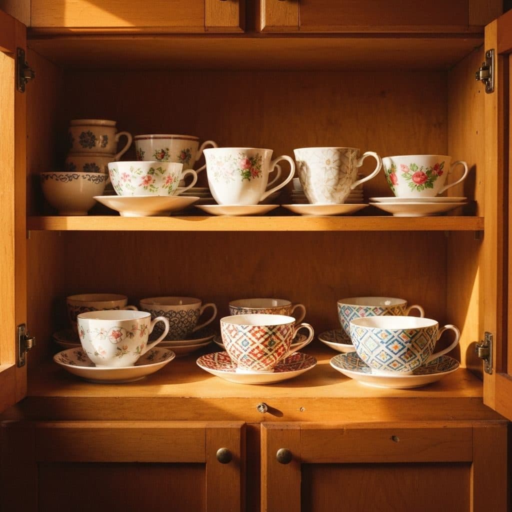 Late sun cut across the shelves and none of the cups matched. I counted the florals against the diamonds and thought of the women who had chosen each one, separately, decades apart, without knowing they'd end up sharing wood and dust together