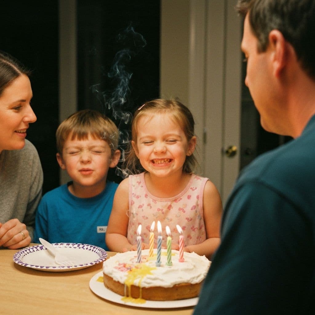 The smoke was still curling off the candles. Her brother blinked at the wrong second. Her dad is half out of frame, reaching for a plate.