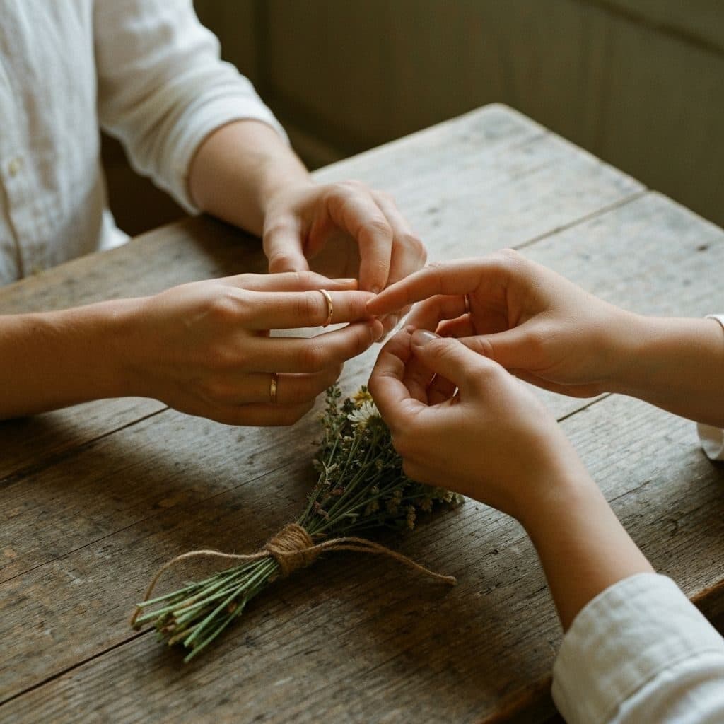 I watched two pairs of hands work over the twine, patient with something that could have been tied in a second. The stems held their green a while longer. Nobody spoke; the light did the only talking it needed to.