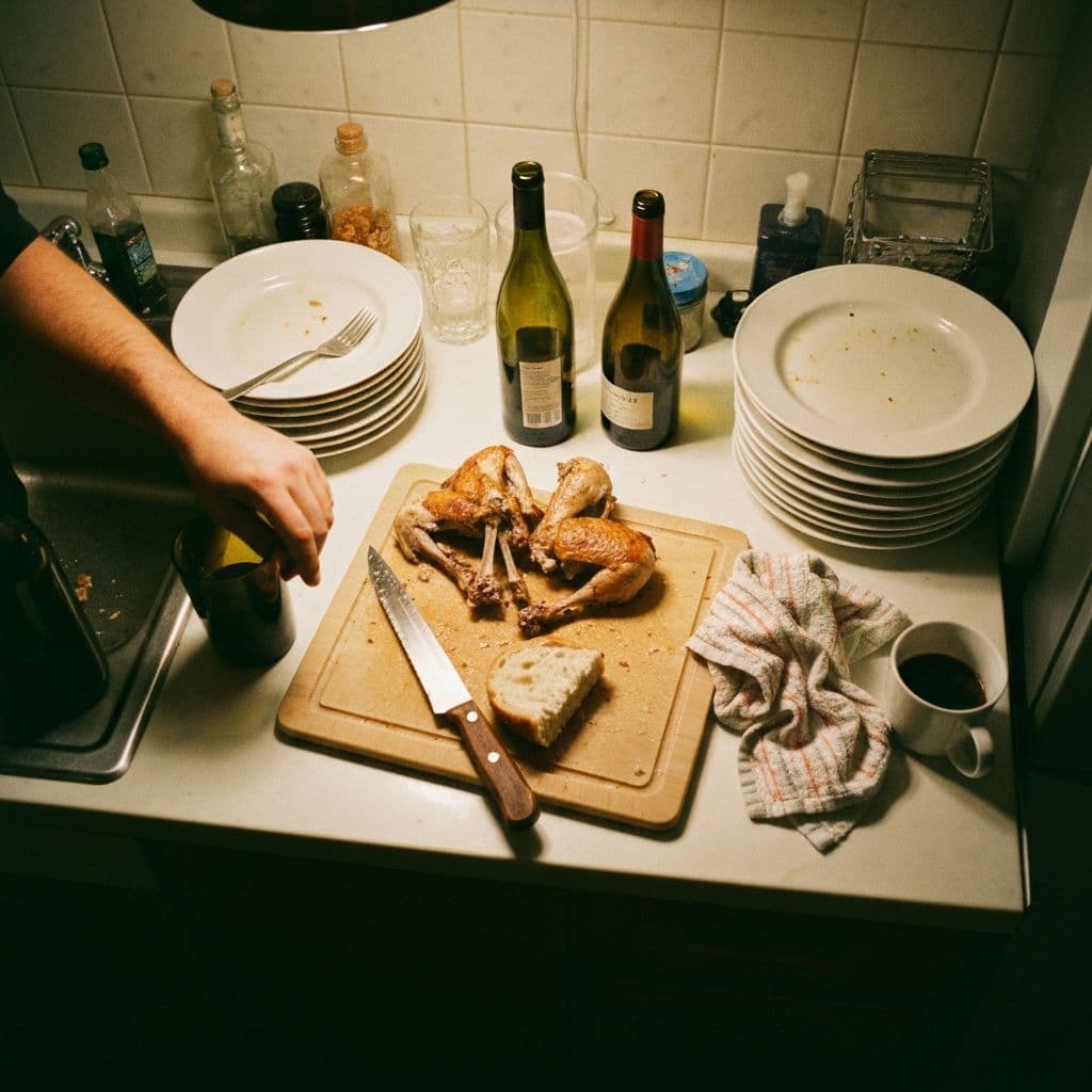 The chicken bones, the heel of the bread, two empty bottles. I took one last photo before starting the dishes.