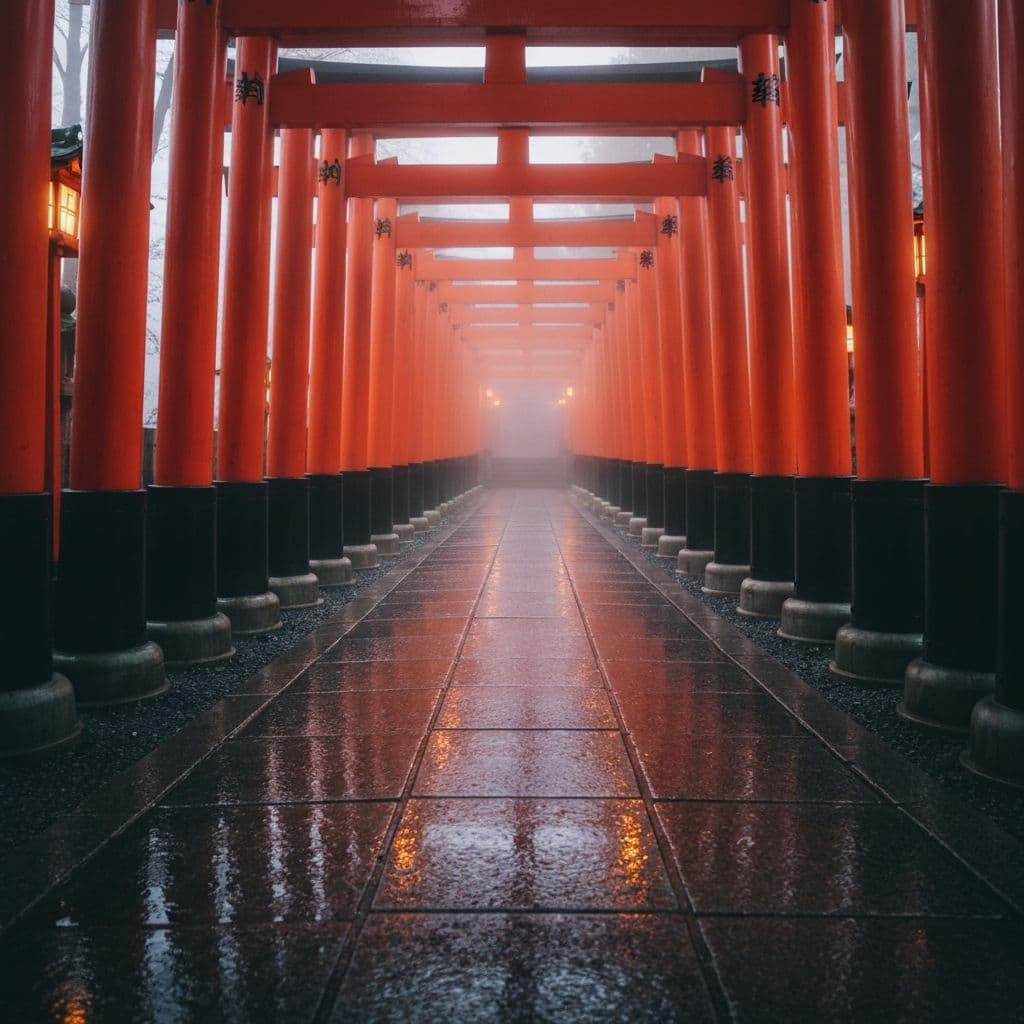 Rain on vermilion torii gates at Fushimi Inari