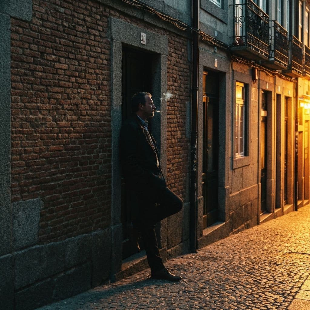 A man smoking in a warm Porto doorway at dusk