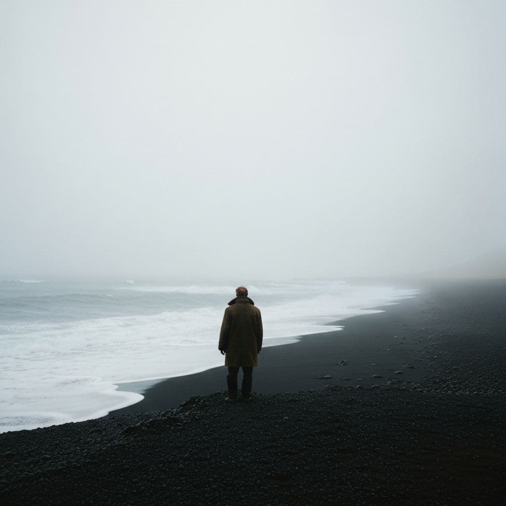 A lone figure on a fogged Icelandic coast