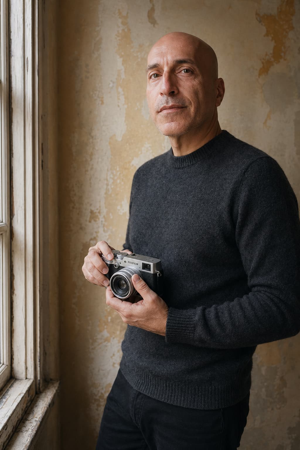 George Tohmé, photographer, with a small Fujifilm camera in warm window light